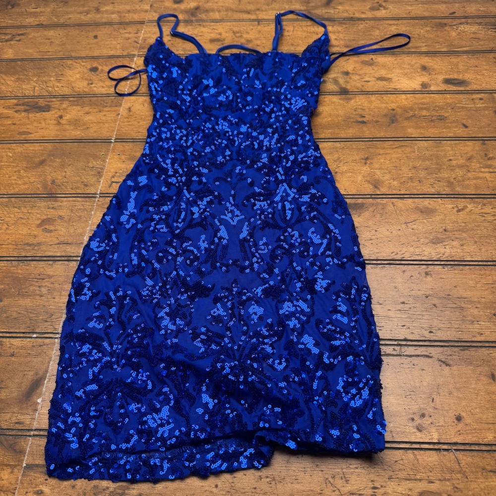 Windsor Royal Blue Sequin Damask Lace Up Back‎ Mini Dress Bodycon Mesh